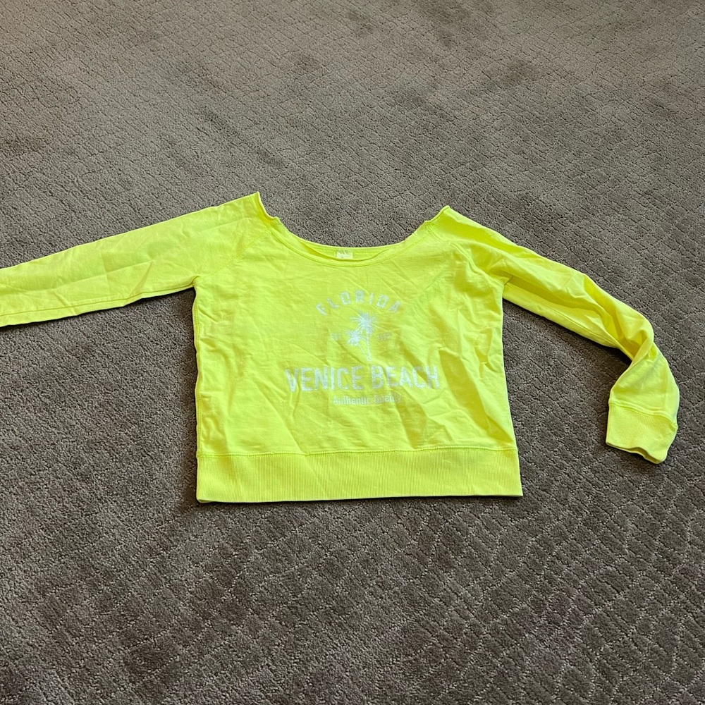 NEON yellow Venice beach Florida long sleeve scoop neck sweat shirt size XS